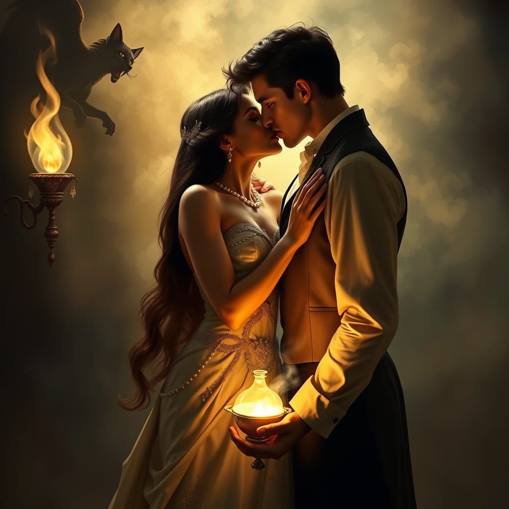 Mysterious Woman Emerges from Magic Lamp in a Romantic, Sens...