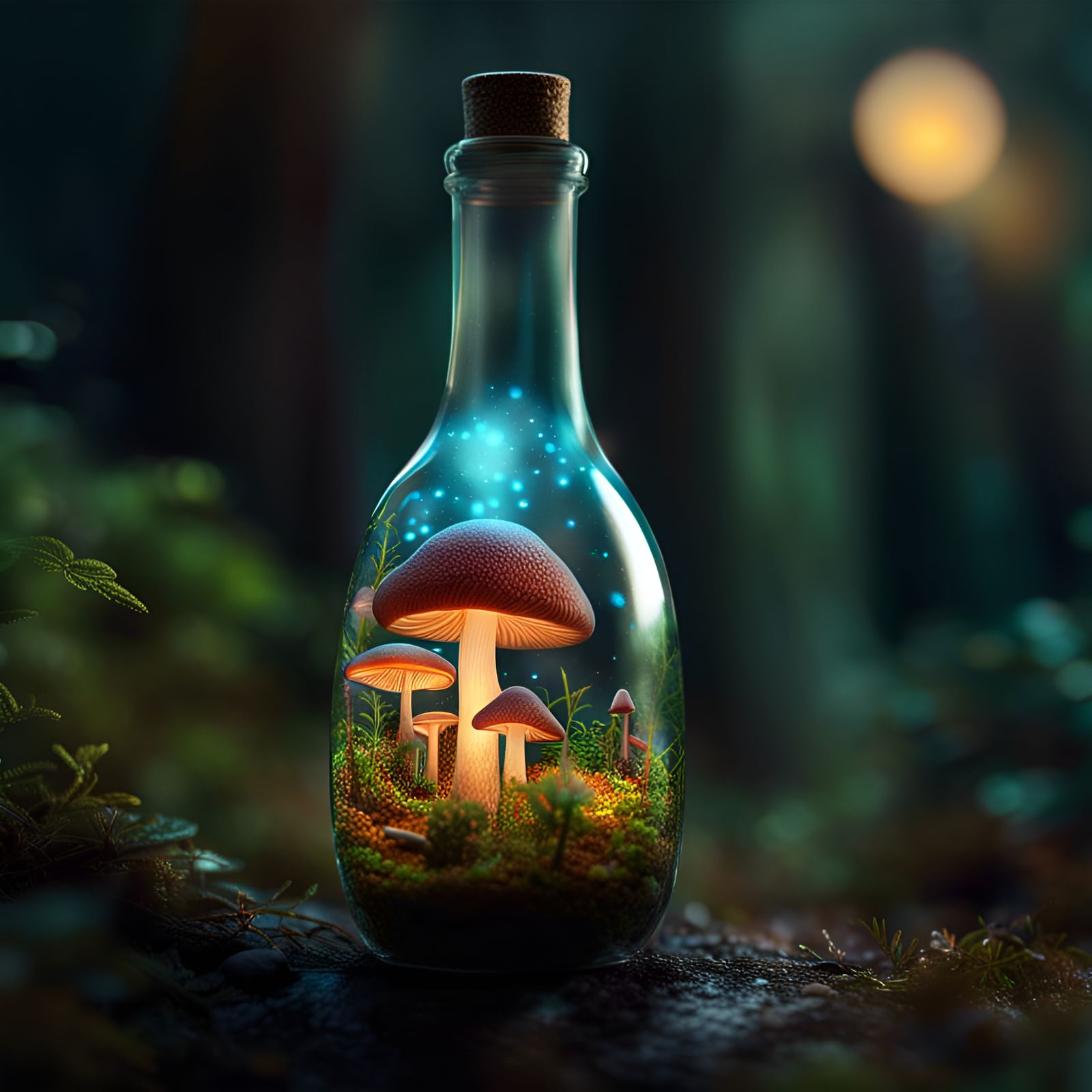 Mushroom forest inside glass bottle