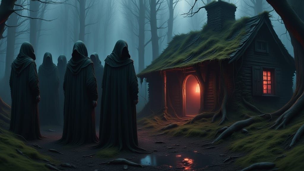dark robed figures surrounding a reddish glow on the ground outside an old creepy cabin <lora:Mystic Woods:1.0> 