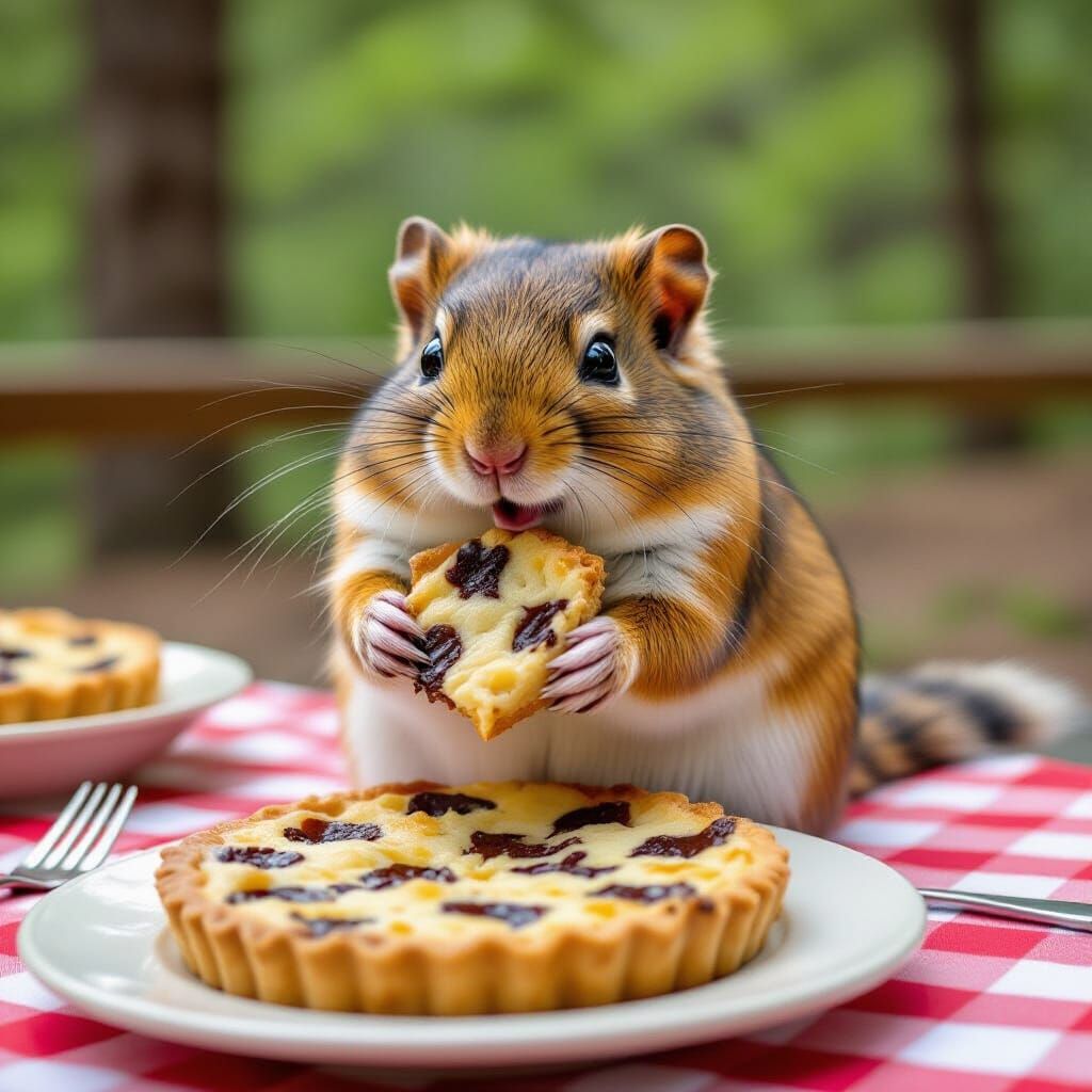 Happy Hamster With Giant Cake Slice at Picnic Table