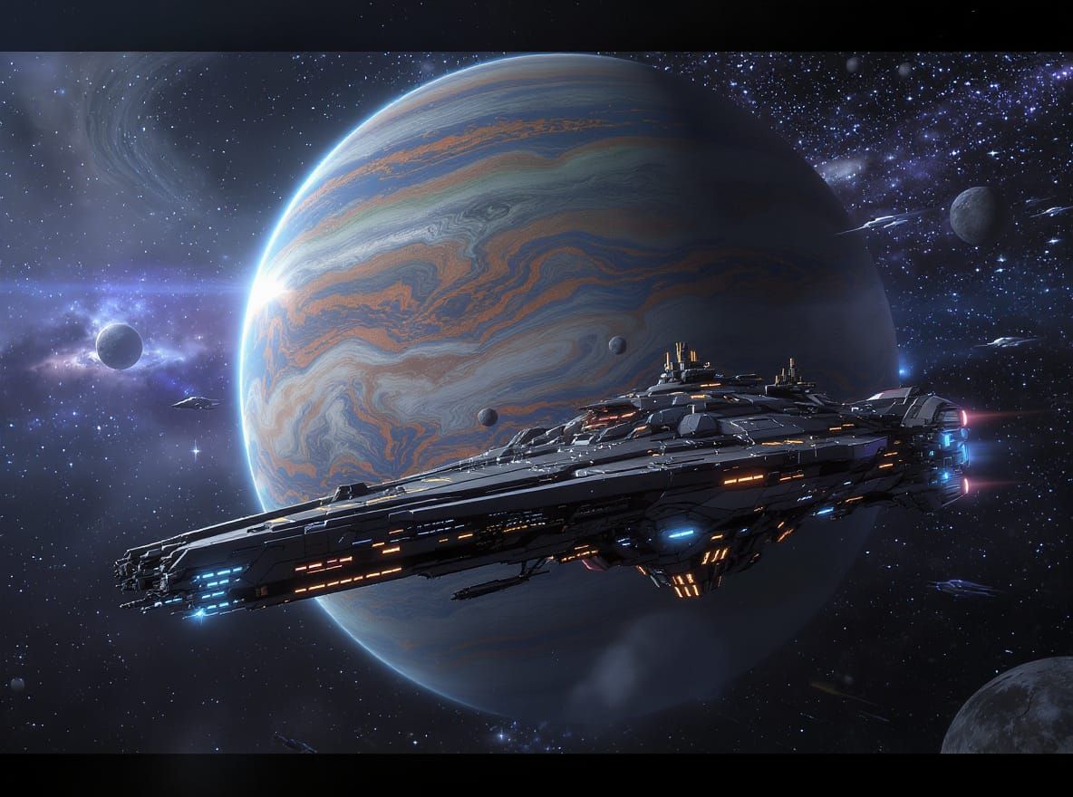 A majestic, intricately detailed starship, reminiscent of a colossal, advanced vessel from a science fiction epic, is captured in a tightly ...