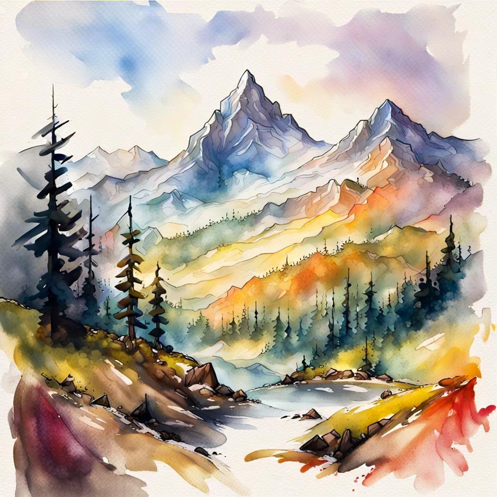 Watercolor Mountain Landscape: Digital Art Masterpiece