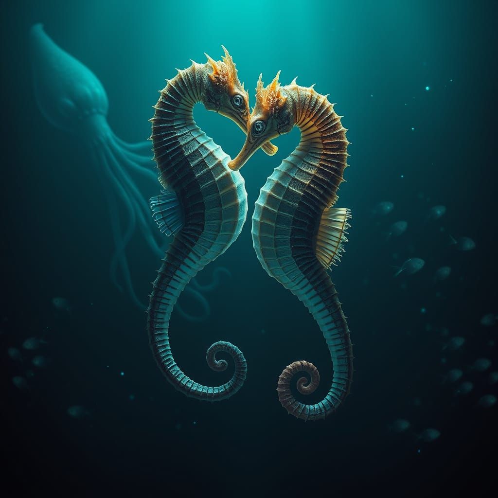 Two Seahorses male and female interacting in the deep sea with other creatures around  by @Nageswara