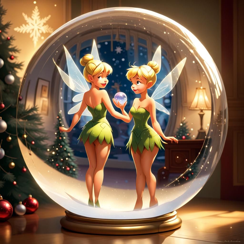 Tinkerbell looking at herself in a Christmas miror ball ; 2D cartoon ...