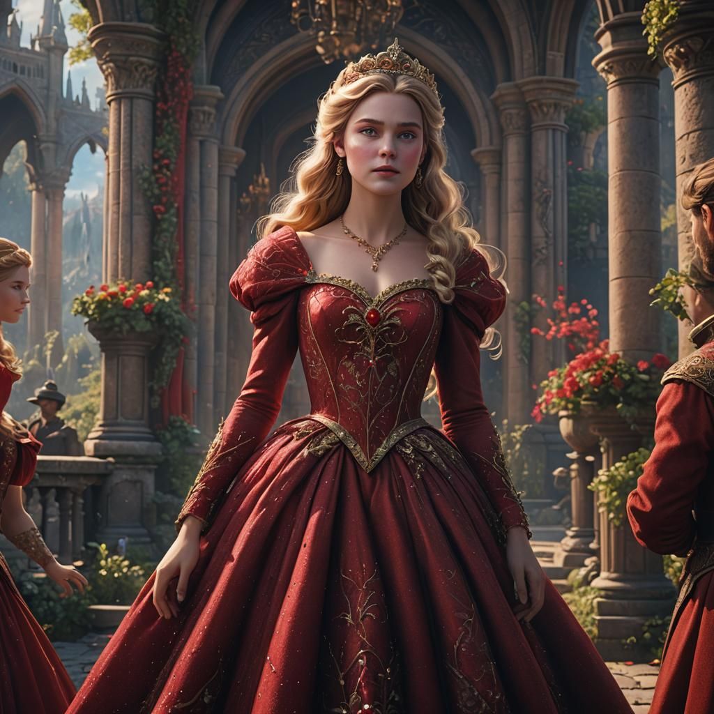 Princess Aurora wearing a red ballgown