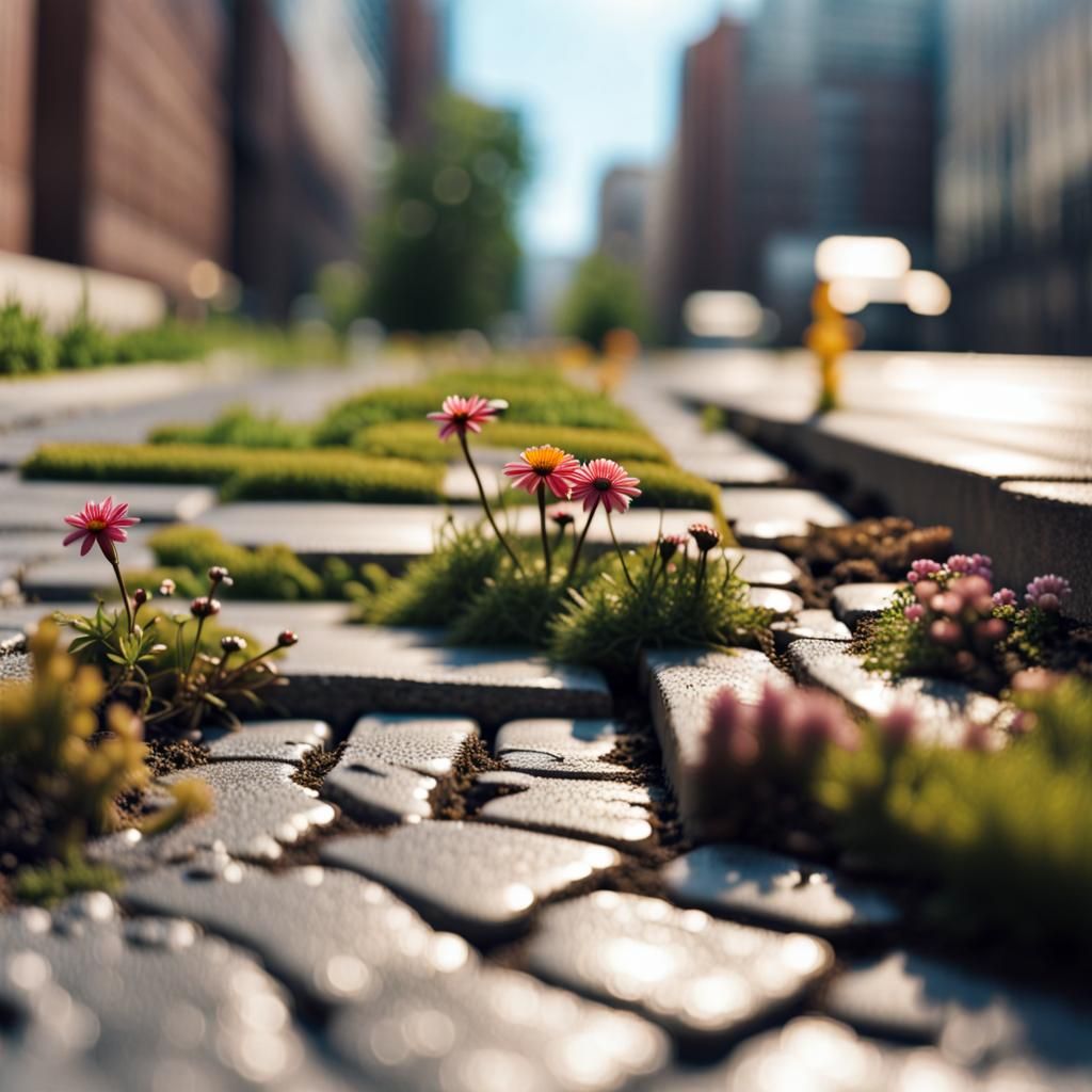 miniature flower garden in the cracked splits of the pavement  by @GreenNails 