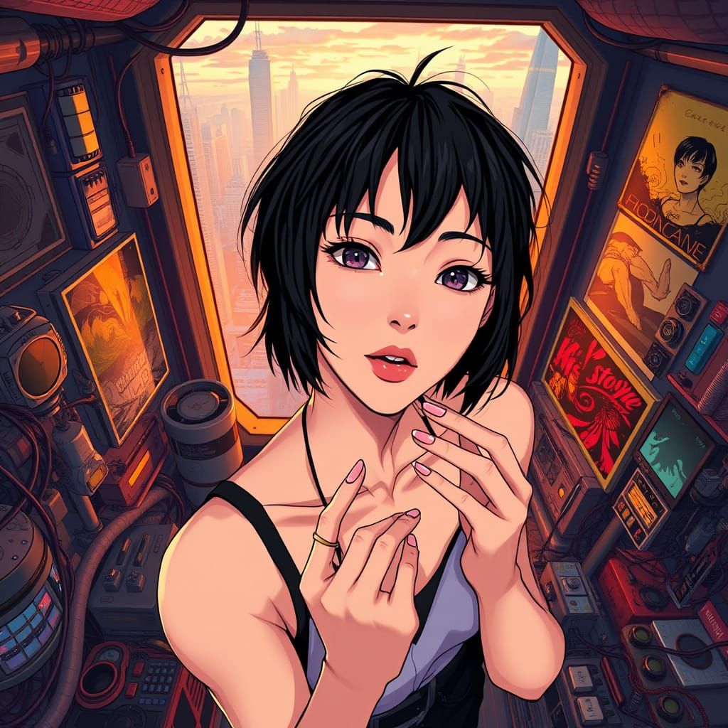 Anime Woman in Retro-Futuristic Lair