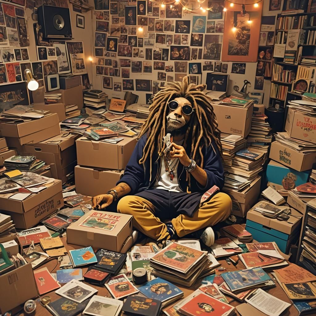 Stoner dreadlock cat in a college dorm room smoking cat nip