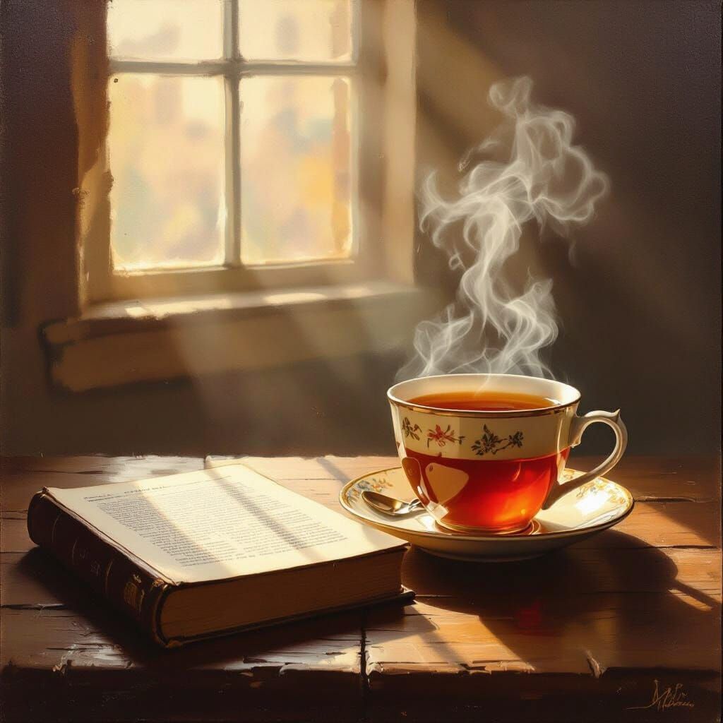 Book and Steaming Tea Cup on Table, Dutch Golden Age Style