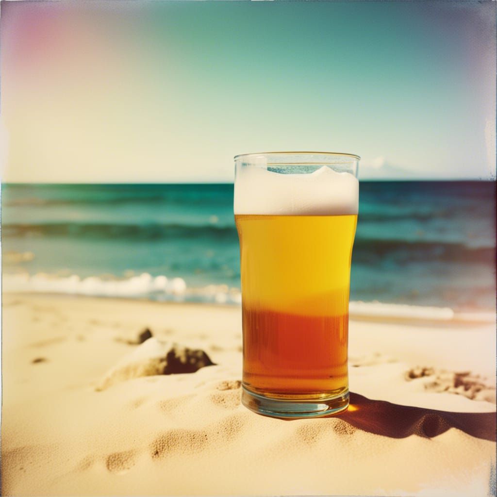 "Having a beer on a Cherbourg beach in 2023", polaroid, satu...