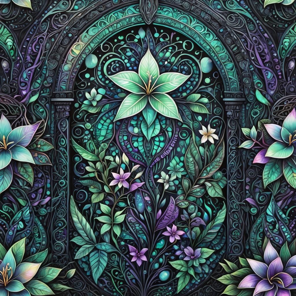 Iridescent Filigree black mint purple teal plumeria opalesce...