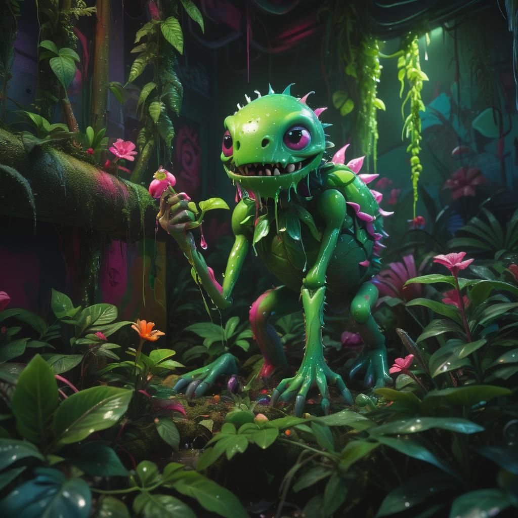 Hyper-realistic, mid shot. Cannibal plant eating its prey in...