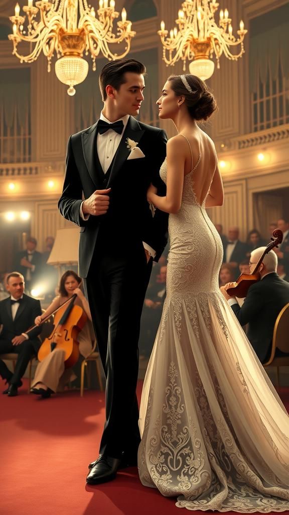 A couple attend the Ball in exciting beautiful clothes
