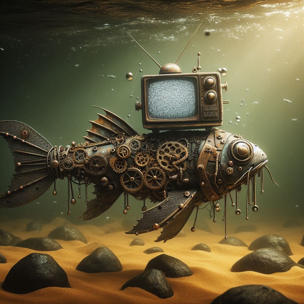 steampunk catfish with a tv head