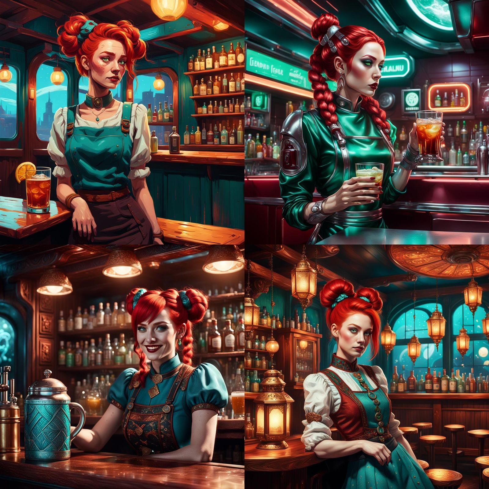 A friendly young human barmaid in a saloon with red hair in ...