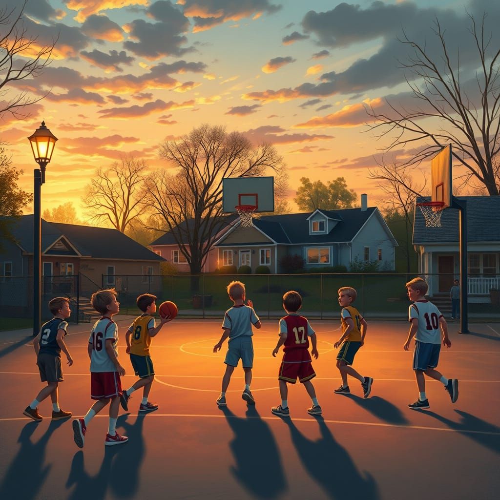 Kids playing basketball ball under street lights in a neighborhood court at sunset, warm golden light, ...  by @Keoni 