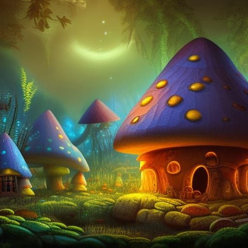 Mushroom house with glowing windows of another world, with special thx ...