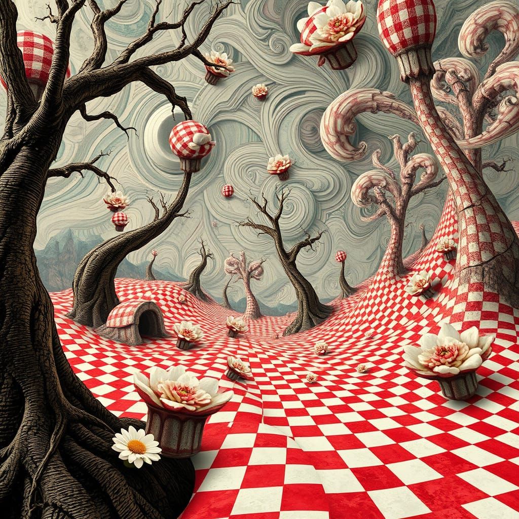 A surreal take on gingham, blending the checkered print with unexpected textures or shapes.