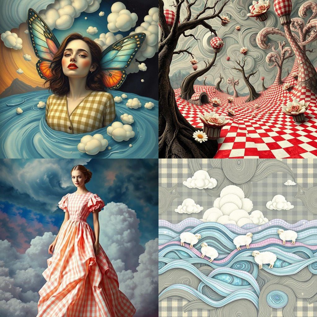 A surreal take on gingham, blending the checkered print with unexpected textures or shapes.