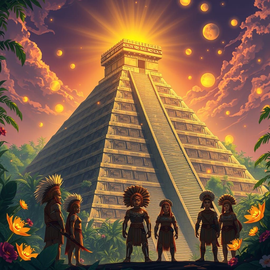 Ethereal Aztec Pyramid Rises from Vibrant Jungle T... - AI Art