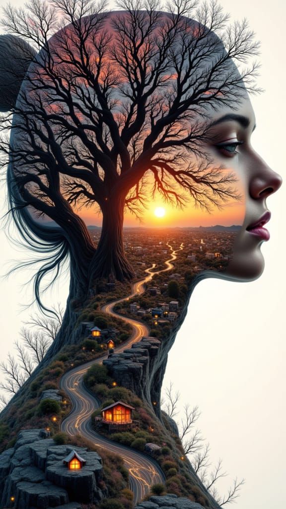 <lora:Dublex-Flux:1.0> Portrait face By Russ mills double exposure Photorealistic Hyperrealism infused with spring's Fantasy Landscape metic...