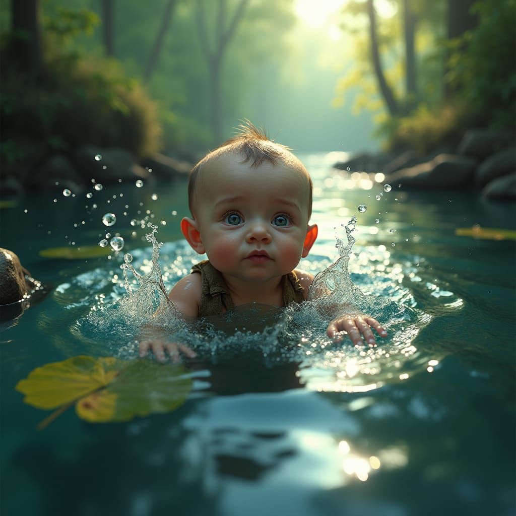 תינוק שוחה בנהר עם בגדים קרועים