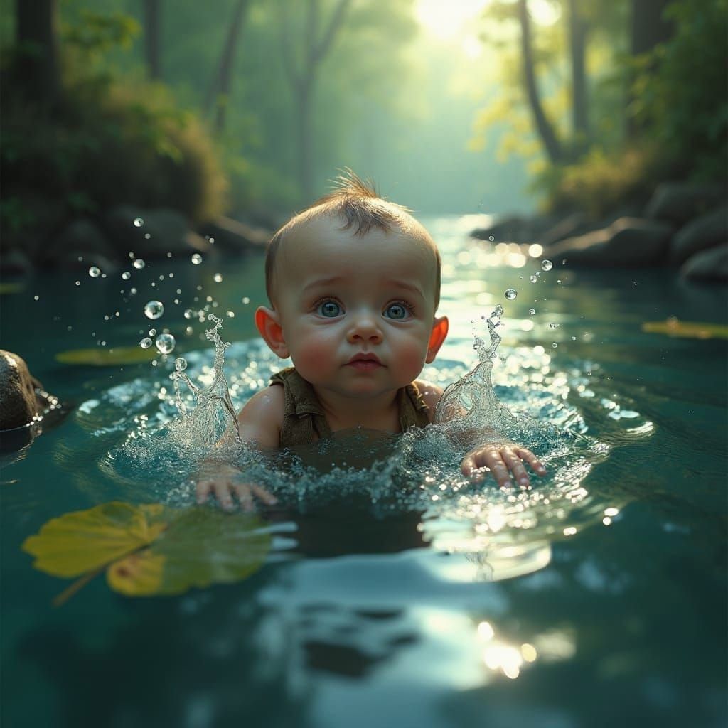 Baby Swimming in River: Detailed Matte Painting