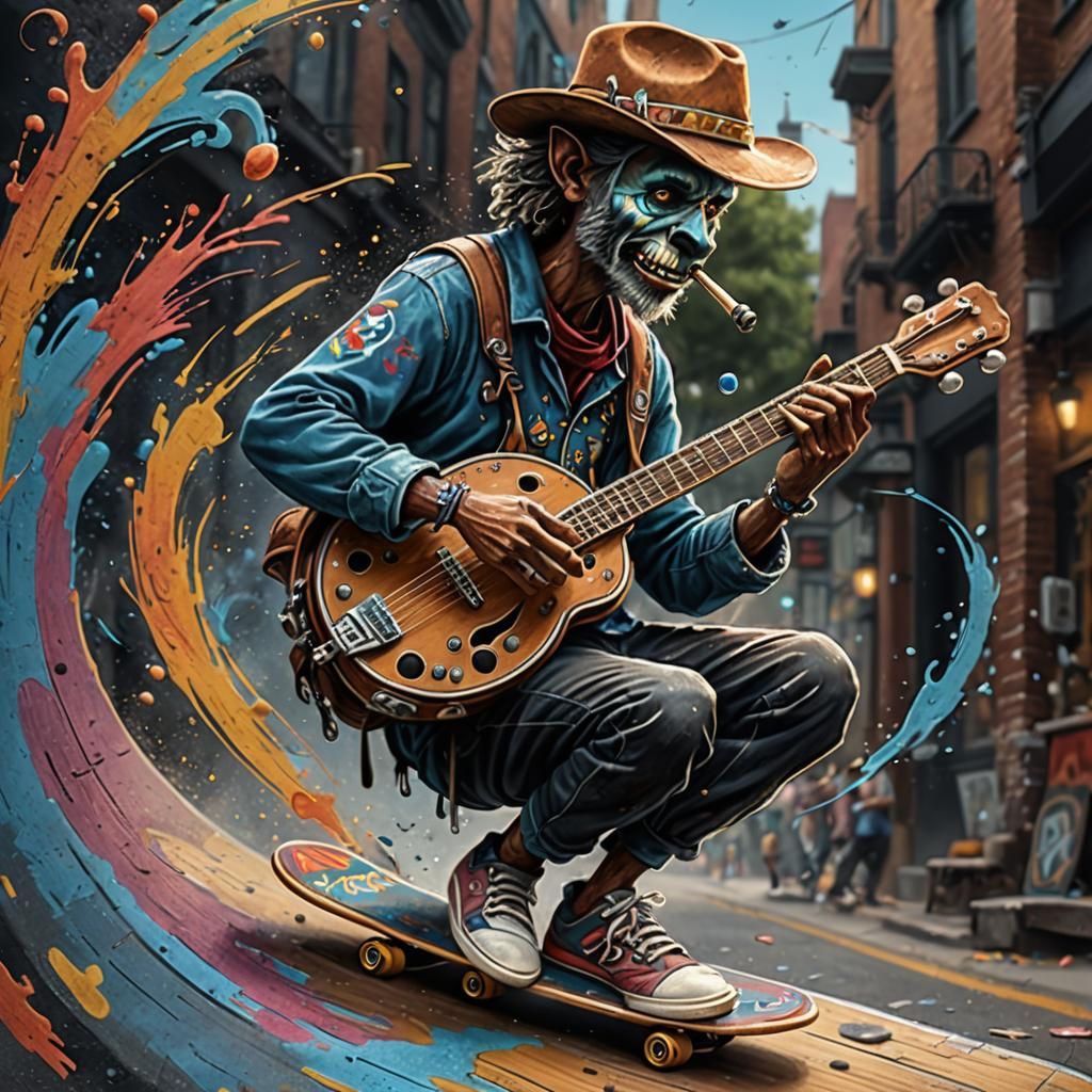 strange skateboarder playing a guitar