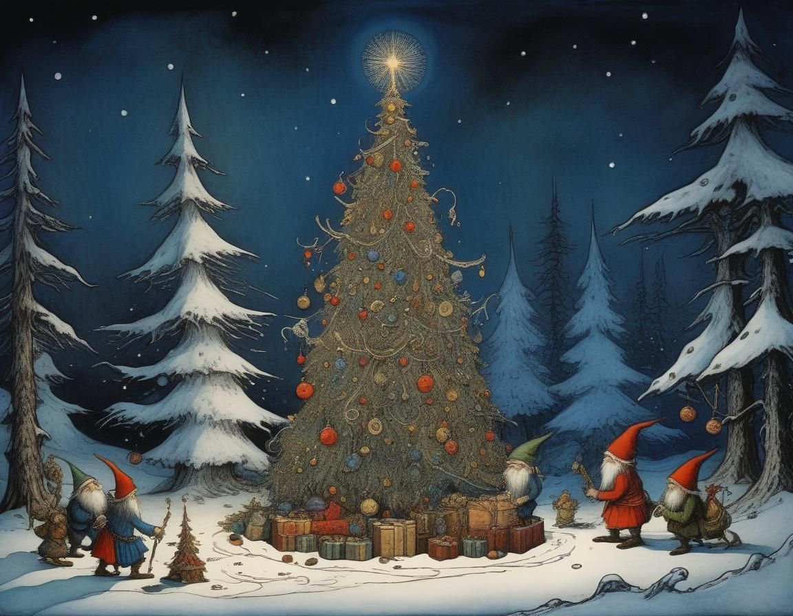 Whimsical Christmas Scene with Dragons Decorating Tree Inspi...