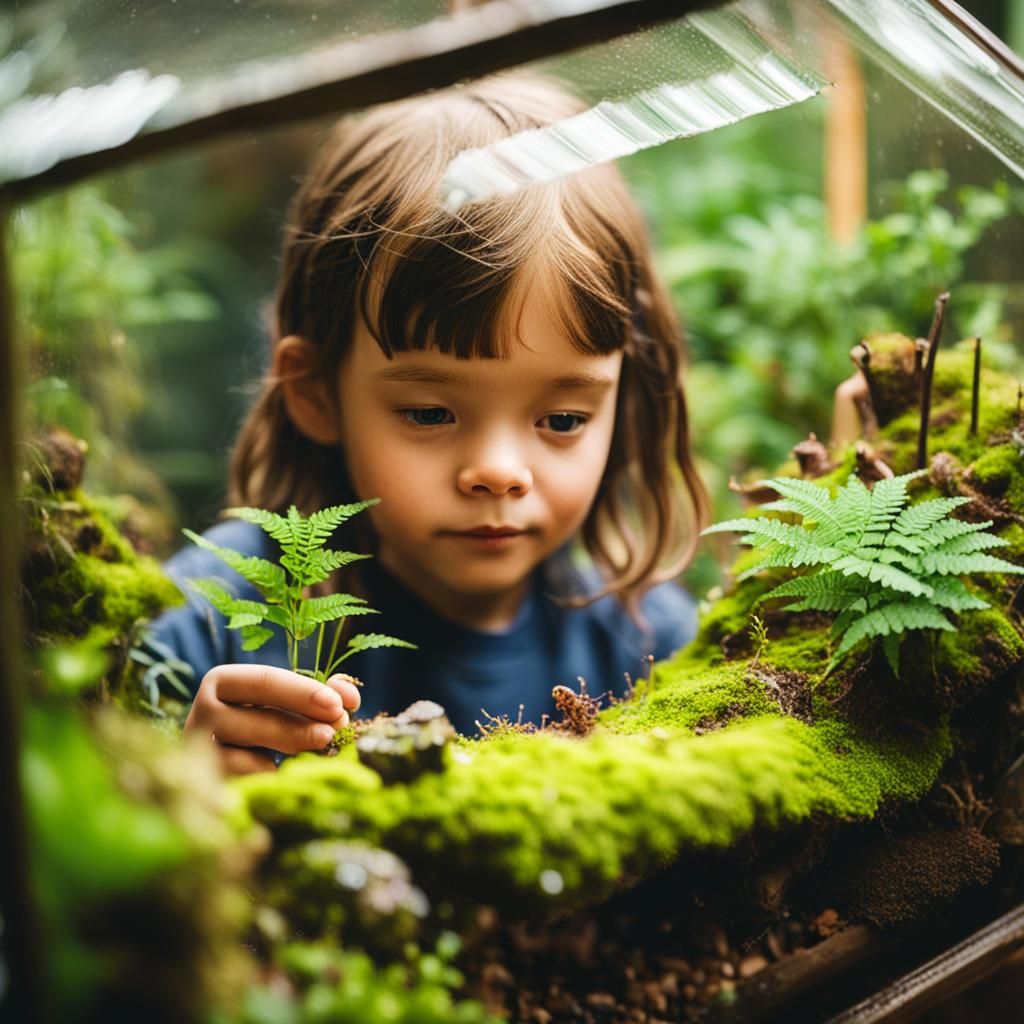 Close up of old terrarium lush with moss.  a curious child i...