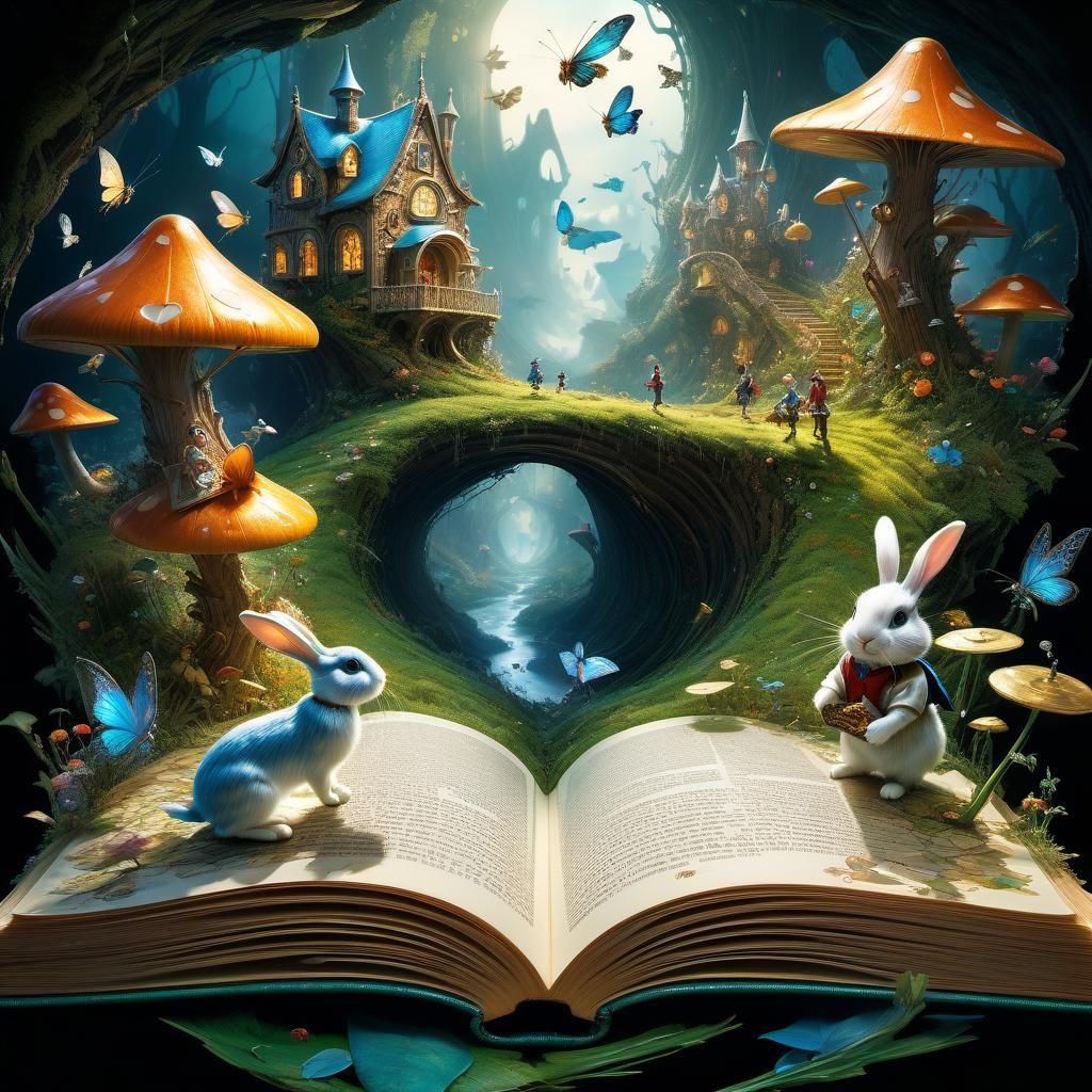Open novel with pages morphing into alice in wonderland scen...