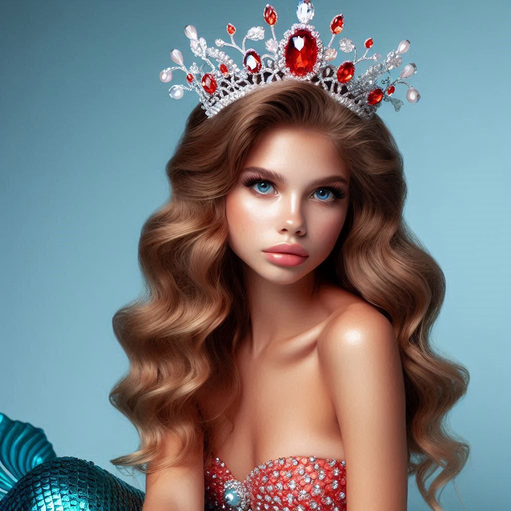 A mermaid princess wearing a crystallised red tiara