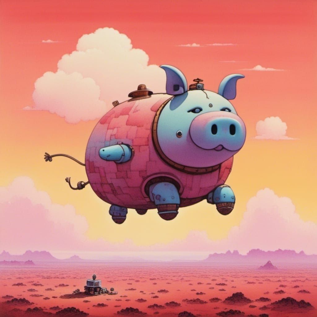 <lora:Rainbow Watercolour:1.0> Cute adorable fat flying robot pig in the clouds 
