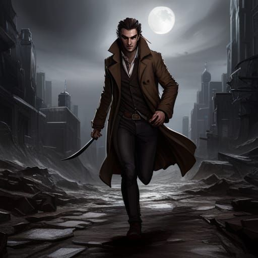 grim gruff brown hair male wearing a brown trench coat, ark ...