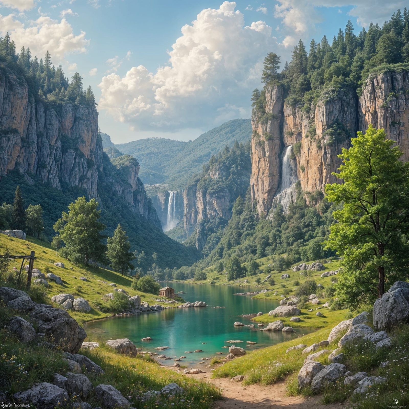 Breathtaking Landscape with Waterfalls in Romantic Style