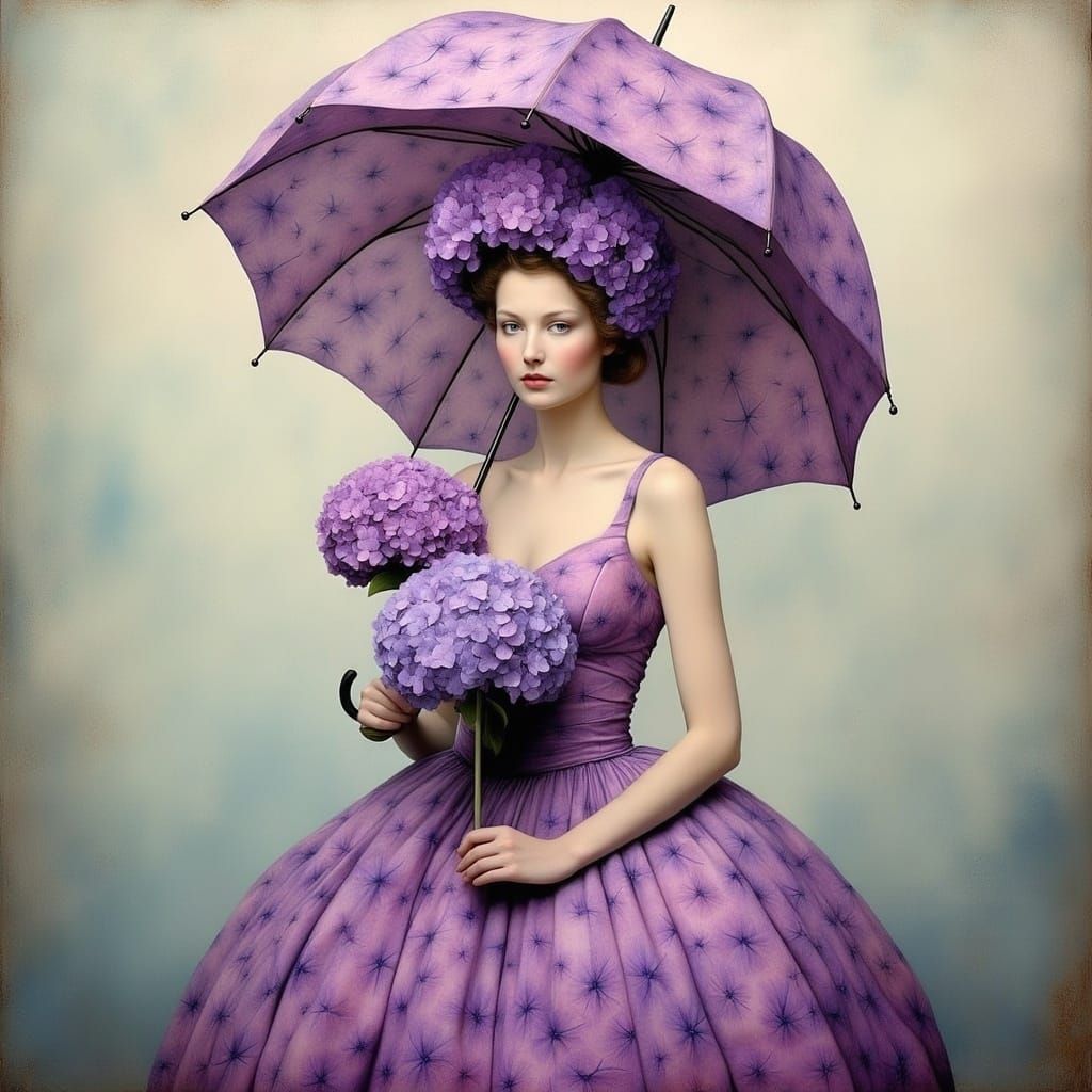 <lora:FLOWERY:1.0> a woman's portrait, oil painting, the woman is dressed up as a purple and pink hydrangea, she has a hydrangea umbrella, w...