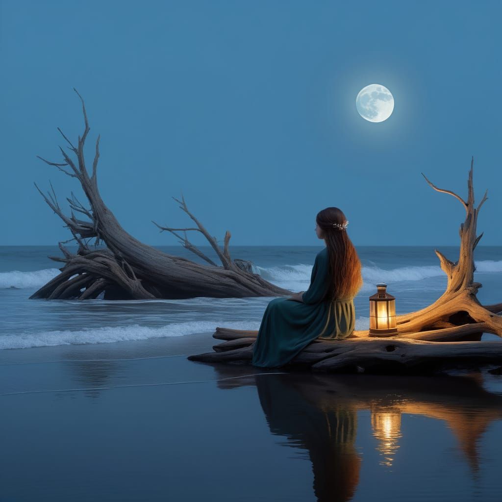 Serene Woman on Tranquil Beach at Sunset