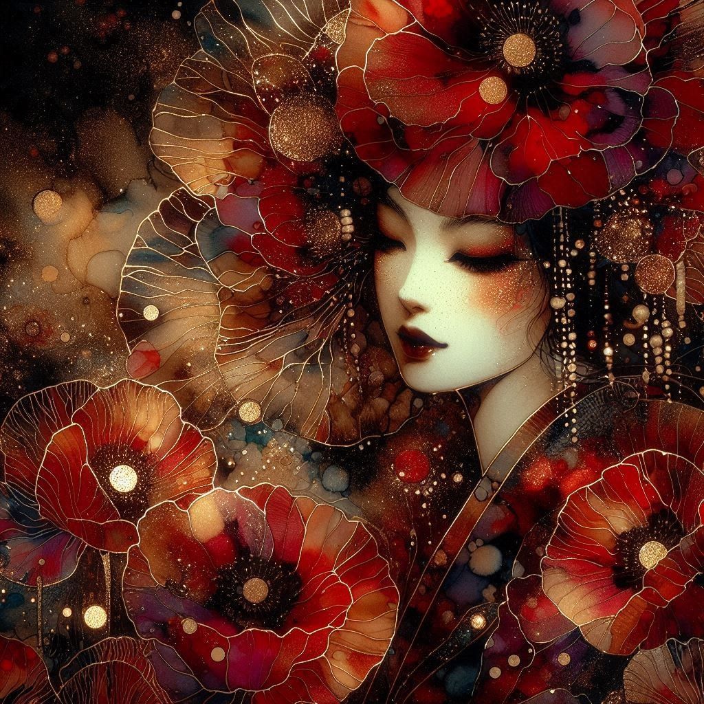 Alcohol Ink Geisha and Poppies