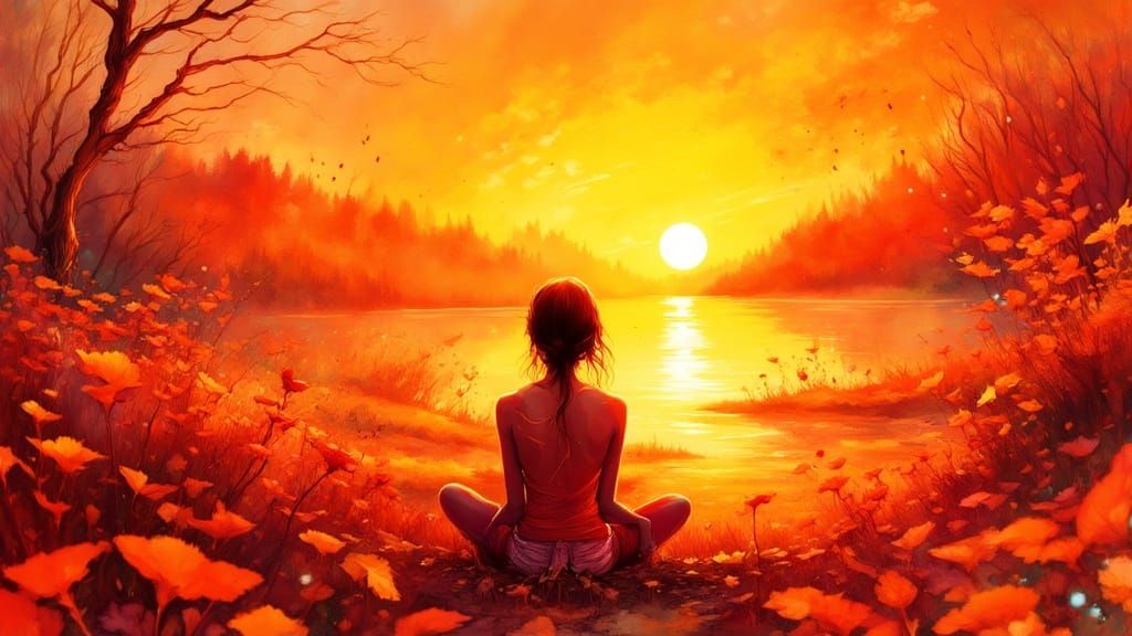 "Orange" beautiful closeup light orange sunset splash art painting; silhouette of a person sitting watching the sunset; amazing light yellow...