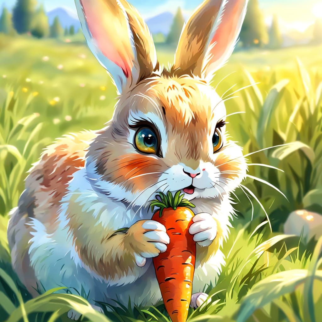 Whimsical Rabbit Eating Carrots in Sunny Meadow