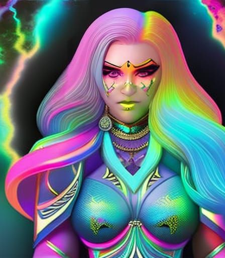 Rainbow Gypsy Girl in Detailed Gouache Painting