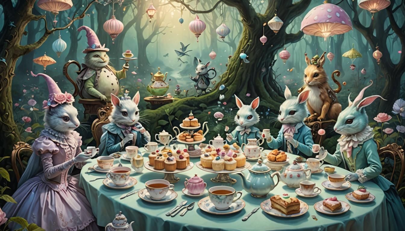 surreal tea party, whimsical creatures gathered around an ov...