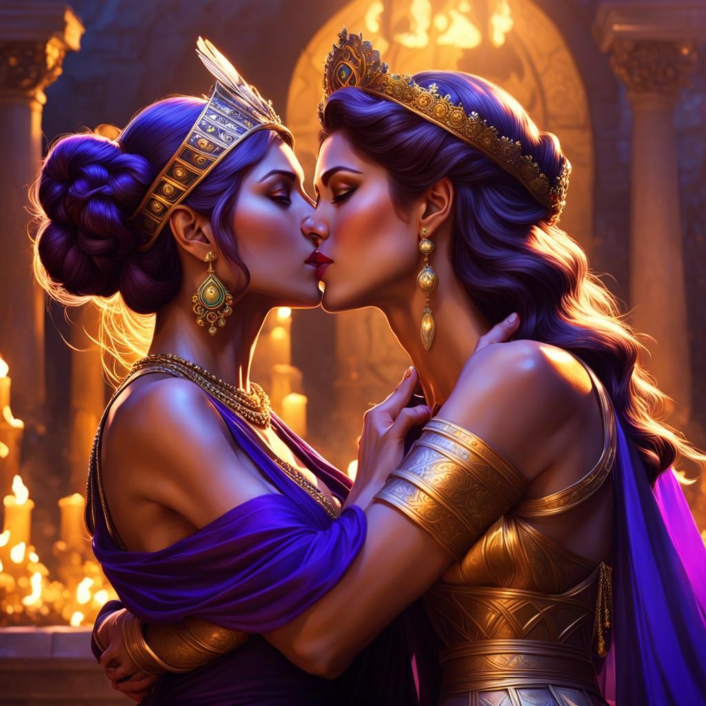 Princess Megara kissing a beautiful servant girl at an ancient greek royal celebration a masterpiece, ...  by @Monica Anne