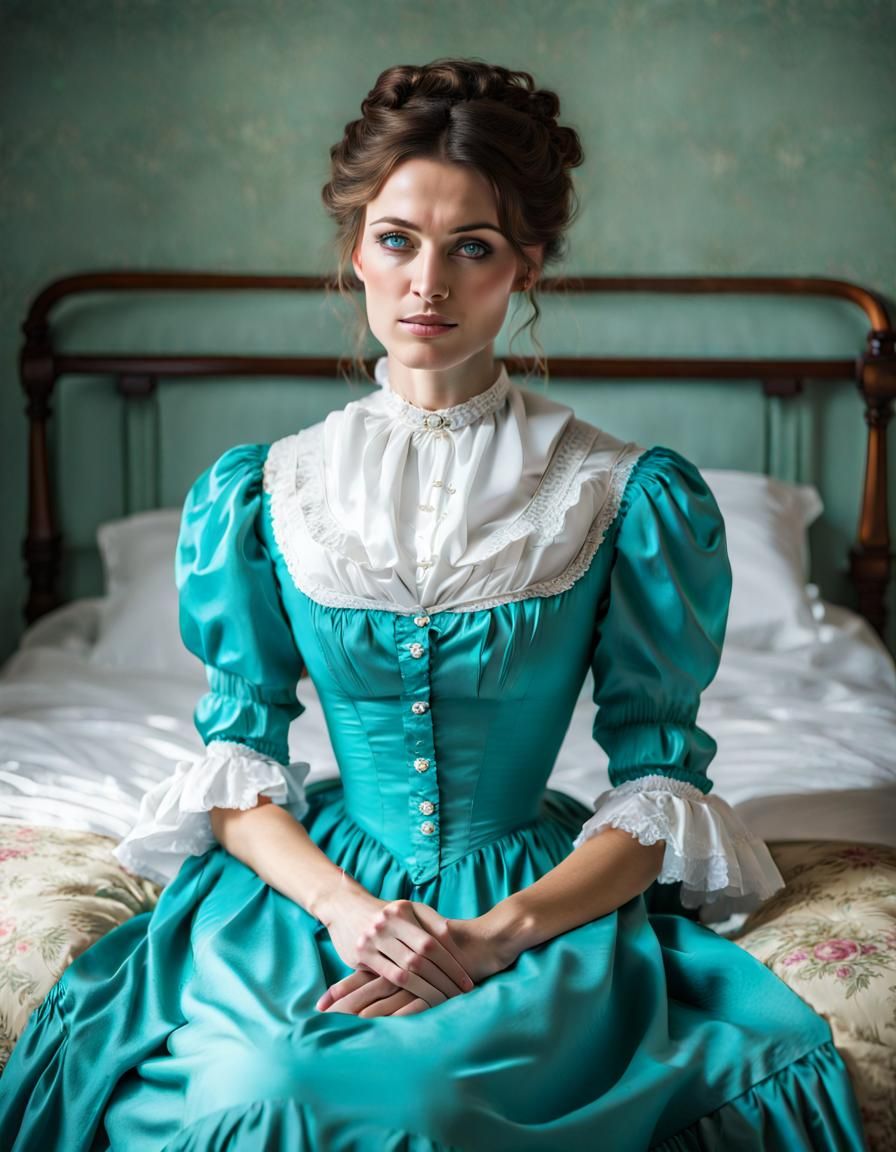 Beautiful young woman in a turquoise Victorian day dress sitting on her ...