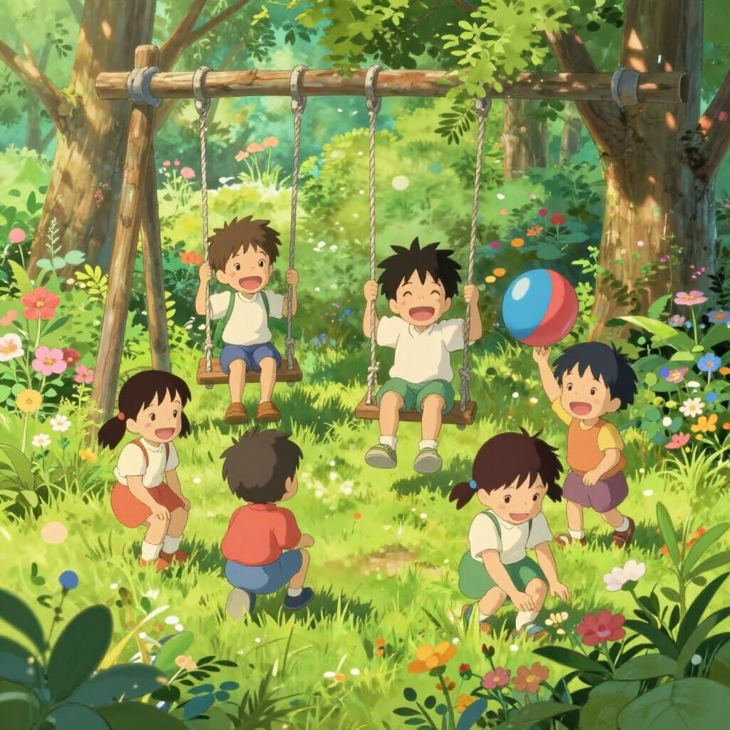 Children Joyfully Playing in a Sunny Garden