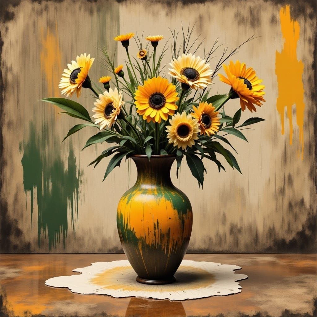 Centered antique vase sparsely filled flowers  Austrian Expressionism painting embracing  figural deformation lines style of Egon Schiele  s...