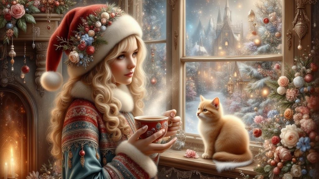 A charming blond woman wearing a festive Christmas sweater and holding a mug of hot cocoa, standing by ...  by @Jezabelcreations