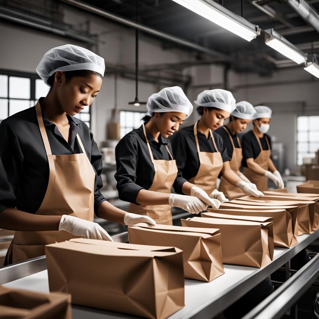 A photorealistic image of workers wearing disposable hair nets and black aprons in a clean, well
