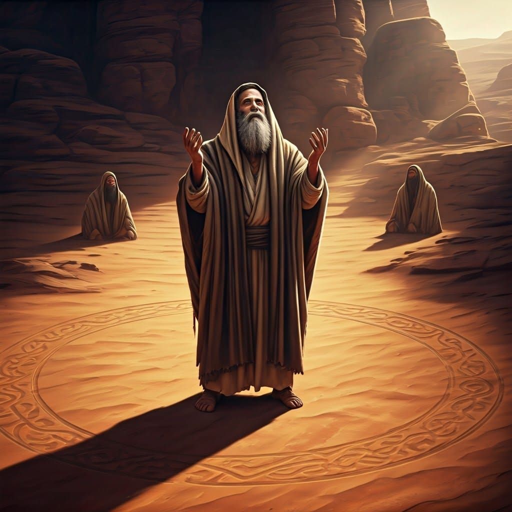 Jewish Rabbi in Traditional Attire Prays Within a Desert Cir...