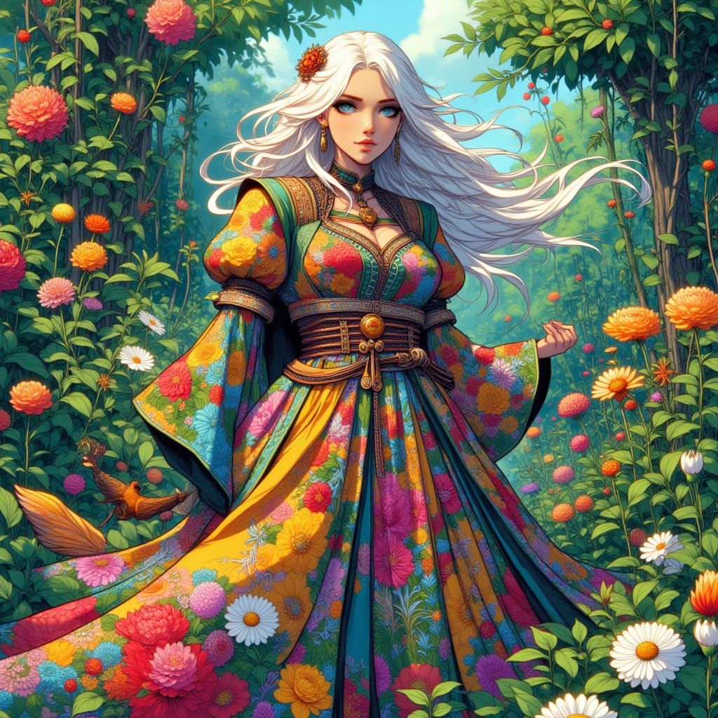 <lora:Studio Academia:1.0> girl in garden, colorful dress. cinematic beautiful European woman face, anime cartoon. bold cell shaded. windy.w...